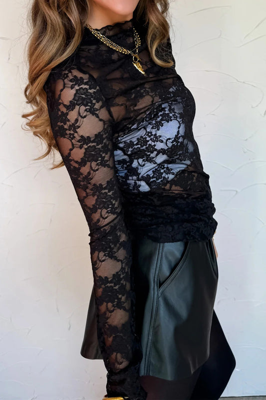 Black Sheer Floral Lace Lettuce Trim Mock Neck Long Sleeve Top