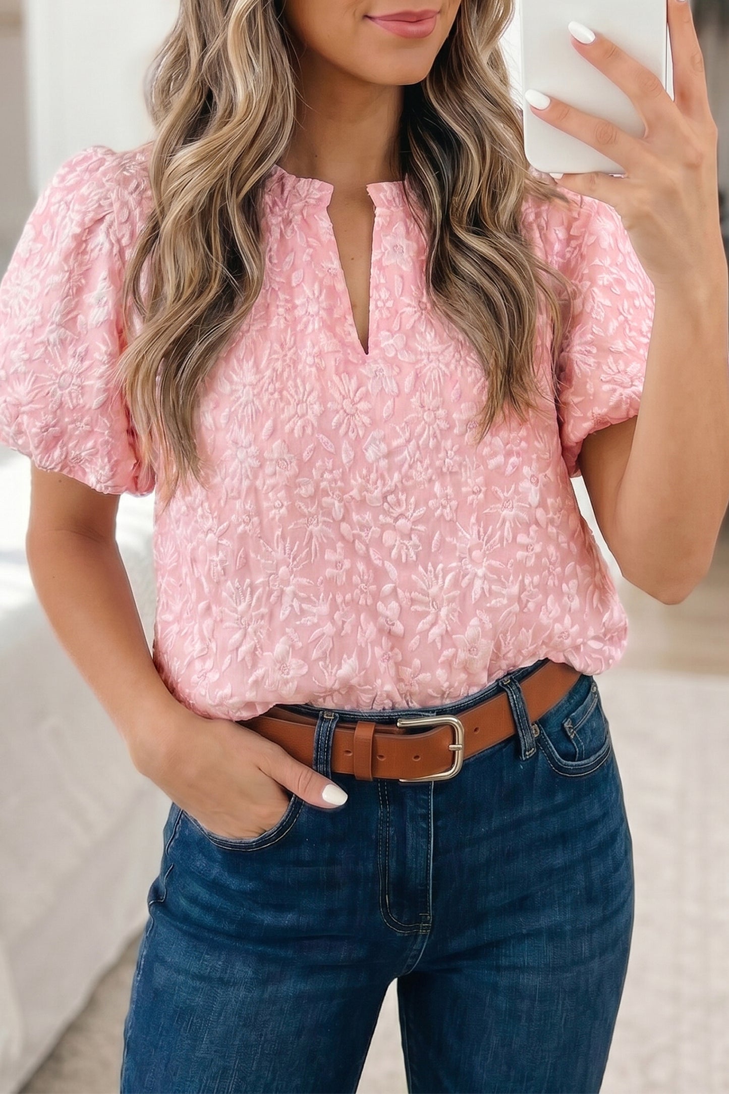 Beige Floral Textured Jacquard Puff Sleeve Blouse
