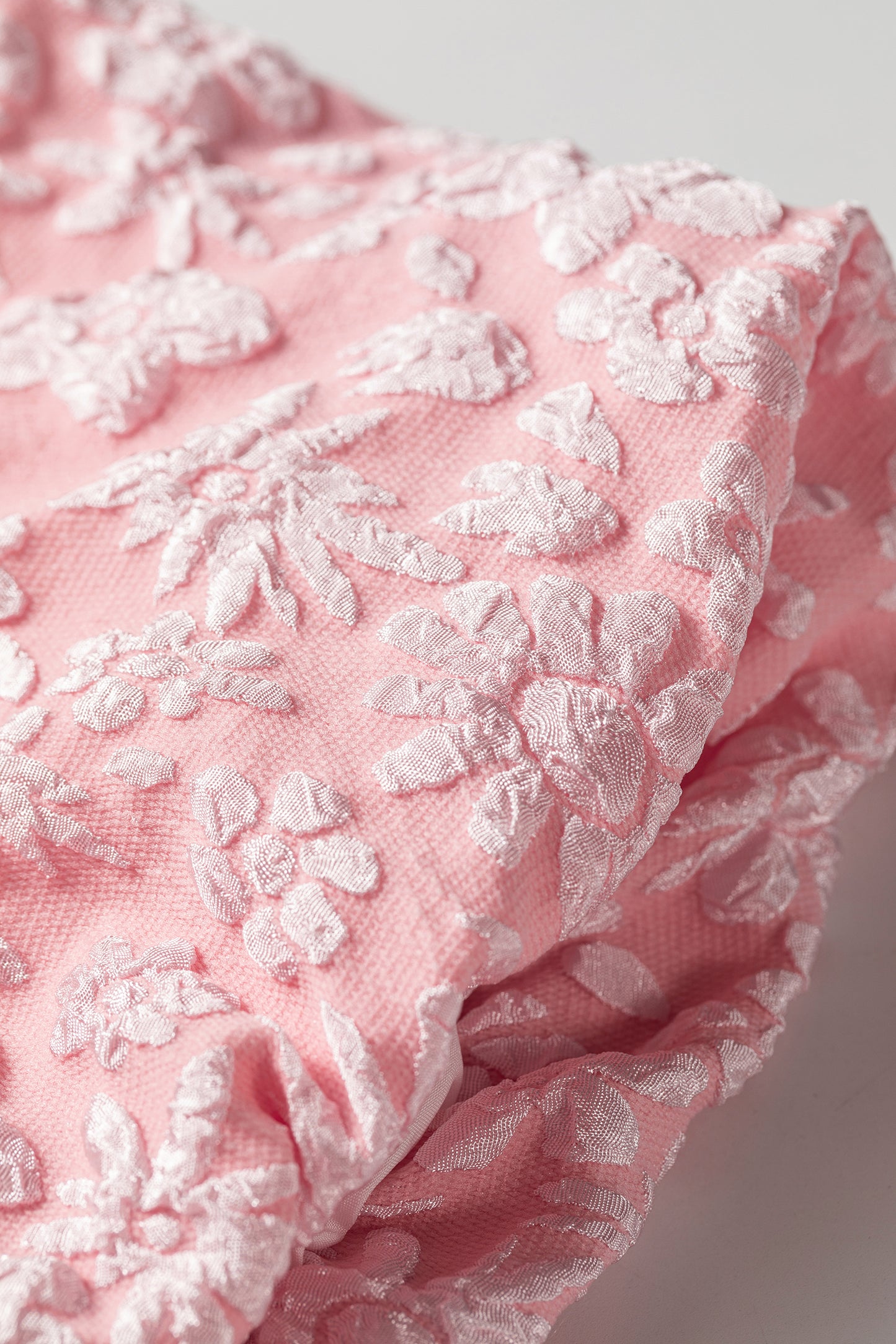 Beige Floral Textured Jacquard Puff Sleeve Blouse