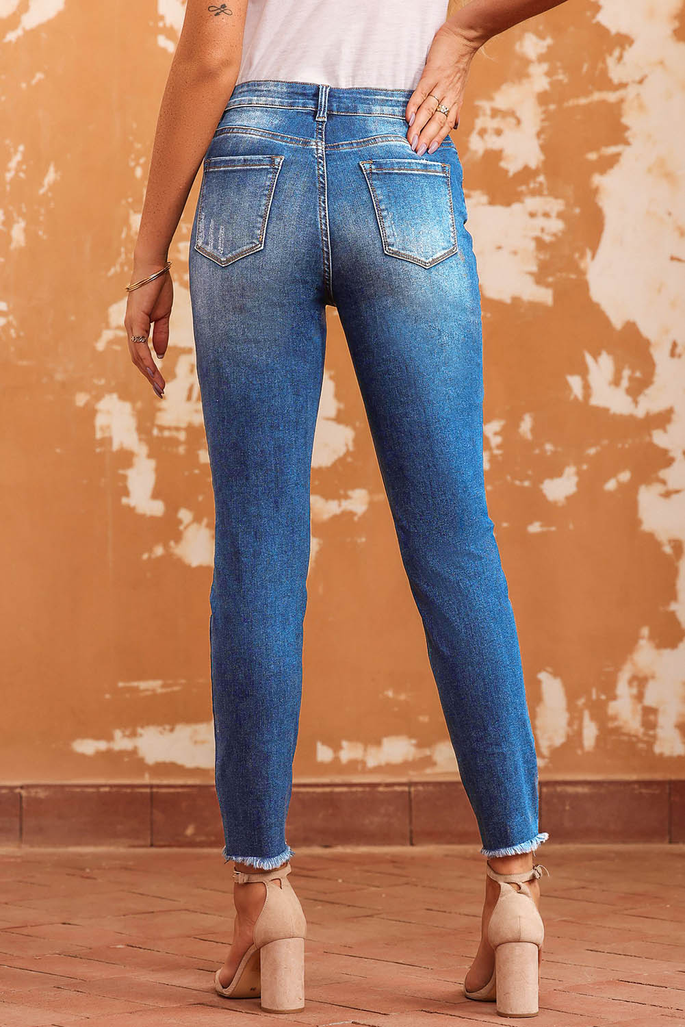 Blue Raw Hem Ankle-length Skinny Jeans