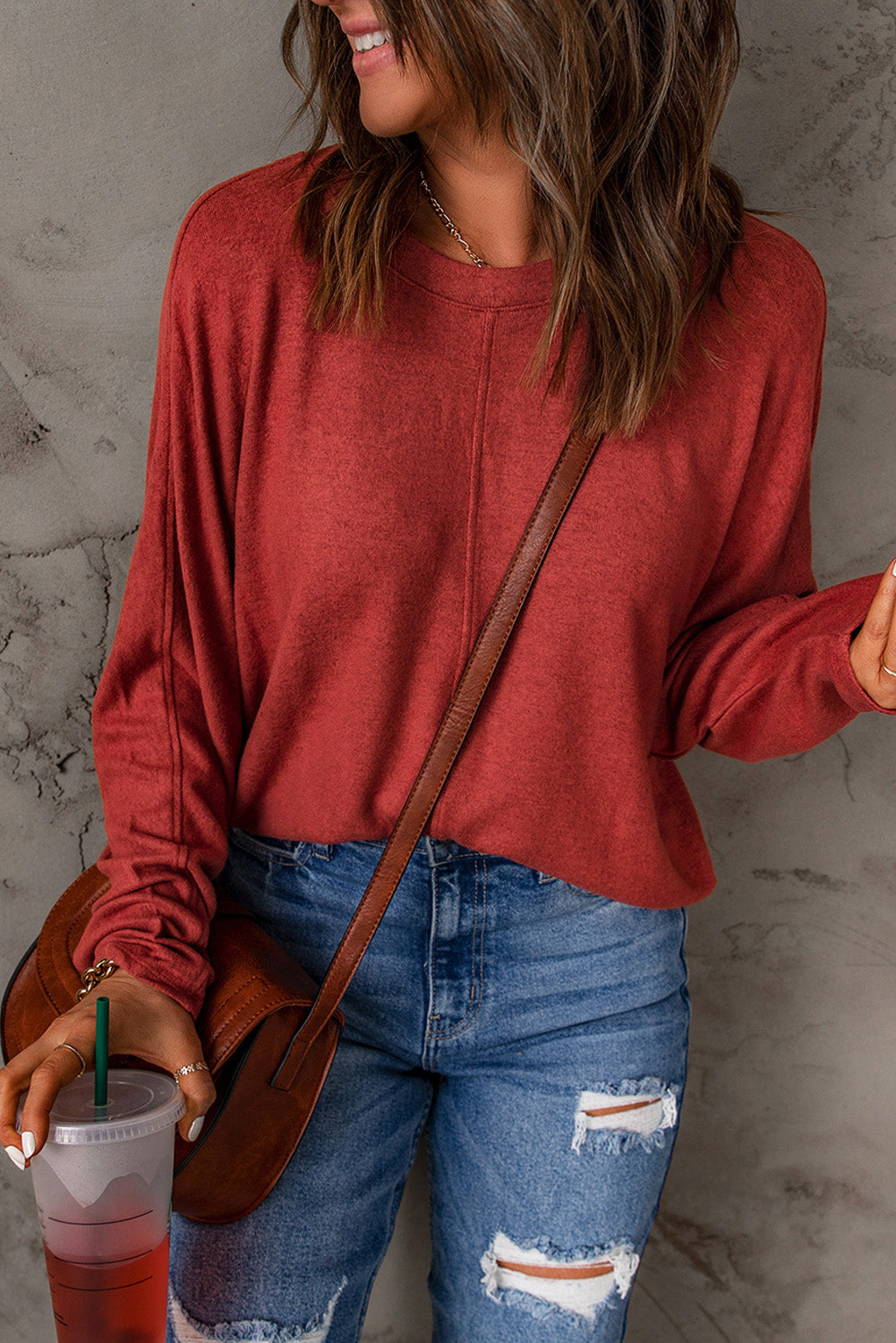 Fiery Red Solid Color Patchwork Long Sleeve Top