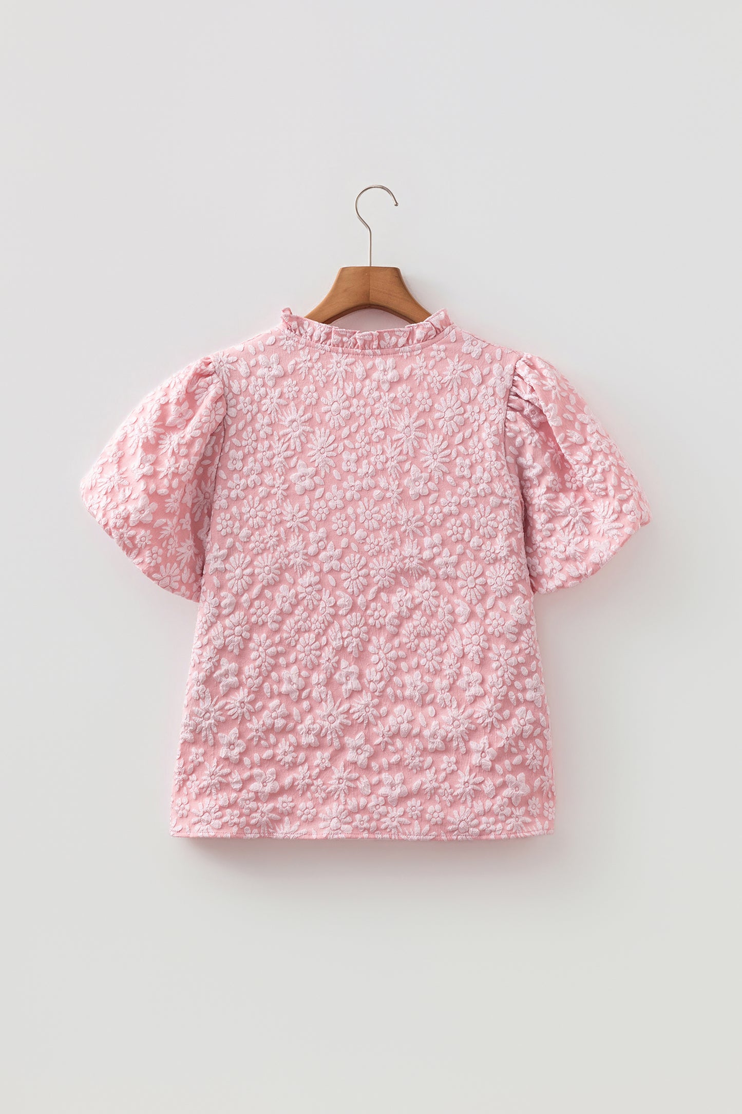 Beige Floral Textured Jacquard Puff Sleeve Blouse