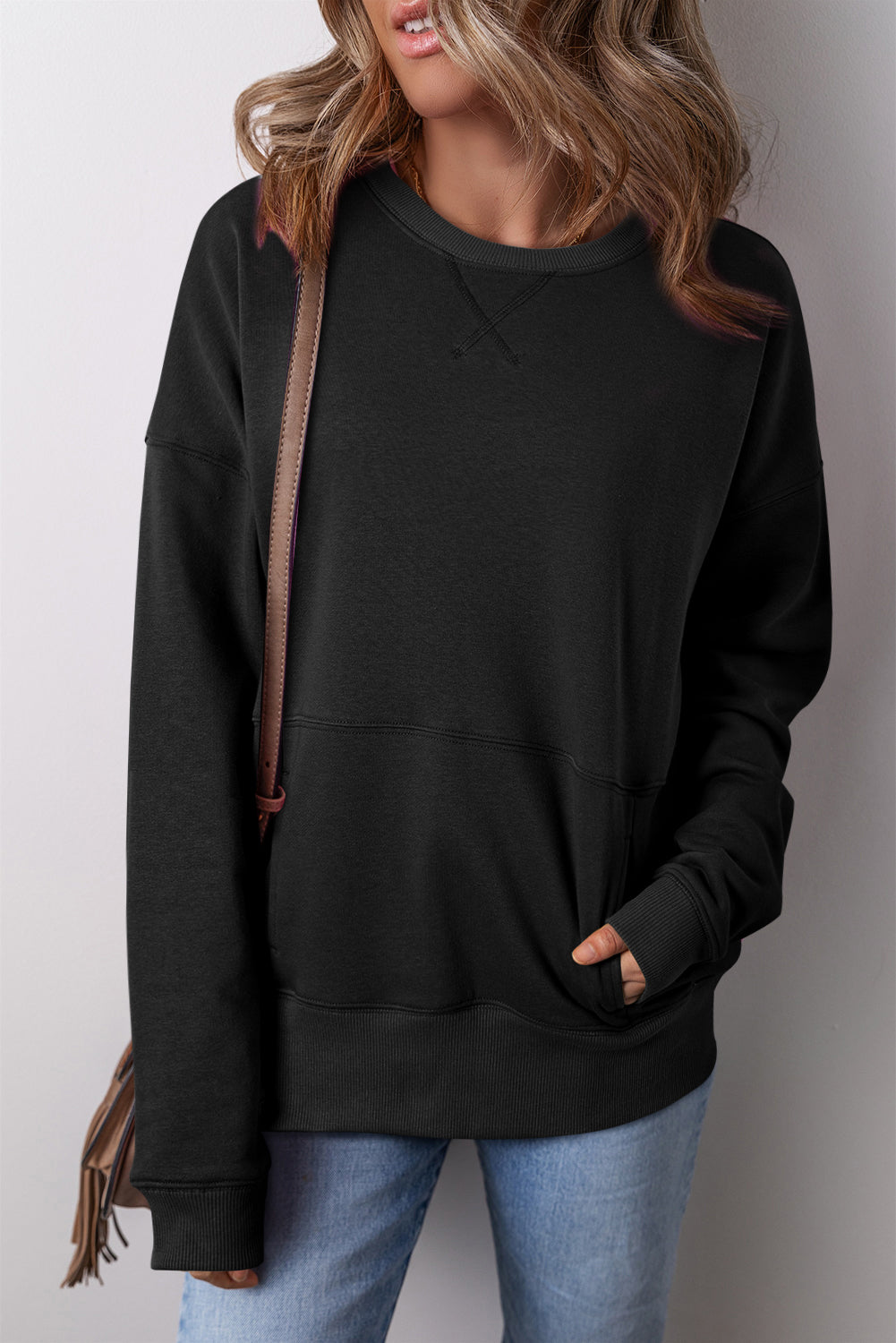 Black Drop Shoulder Crisscross Stitching Pocketed Loose Sweatshirt