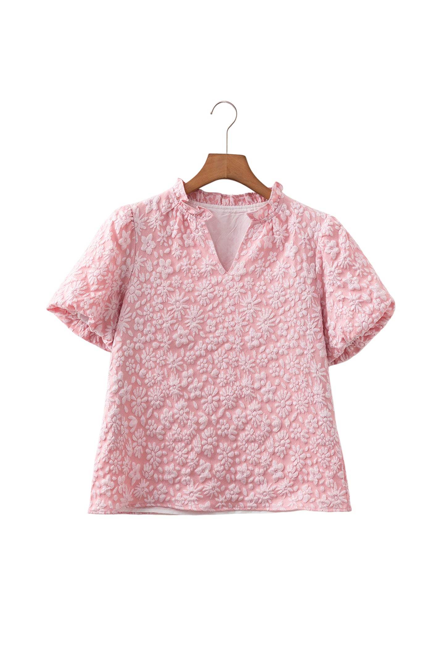 Beige Floral Textured Jacquard Puff Sleeve Blouse