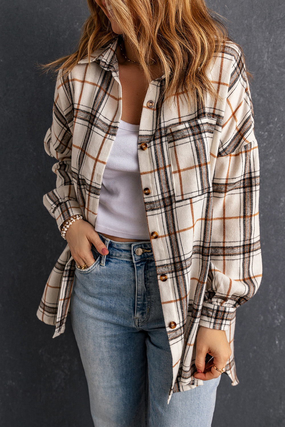 White Oversized Plaid Pattern Shacket with Slits