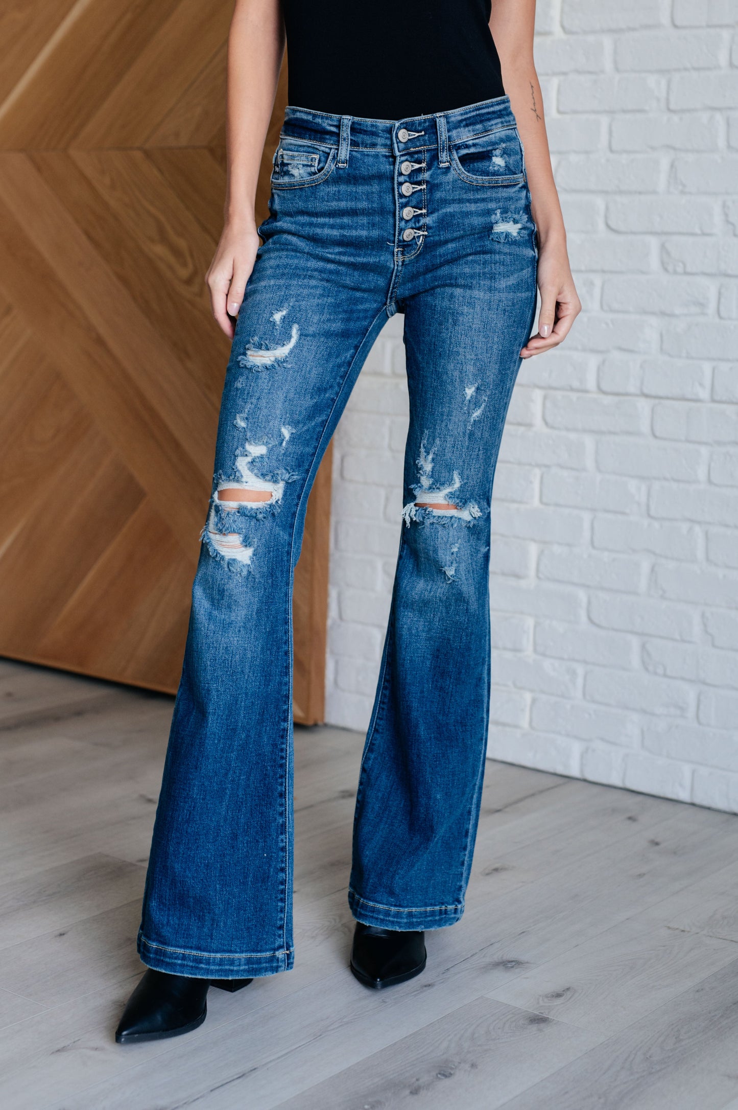 Judy Blue - Gabriella Mid Rise Distressed Button Fly Flare Jeans