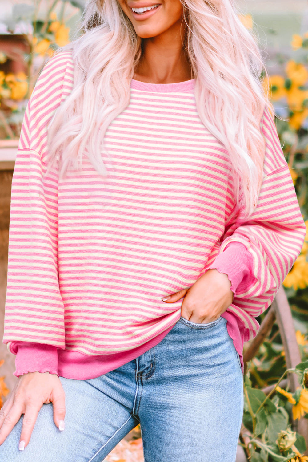 Pink Stripe Loose Drop Shoulder Long Sleeve Top