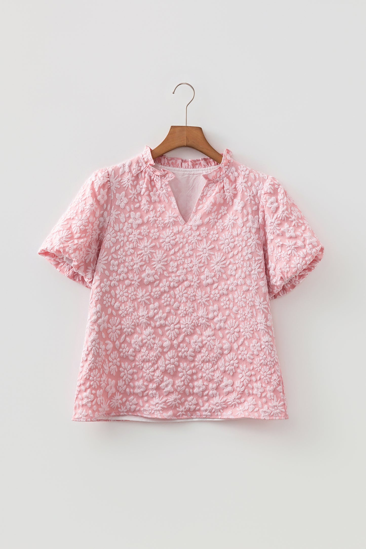 Beige Floral Textured Jacquard Puff Sleeve Blouse