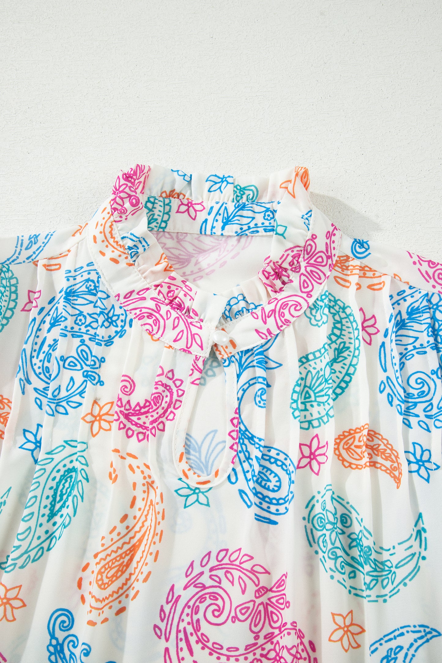 Multicolour Vibrant Paisley Printed Button Keyhole Puff Sleeve Blouse