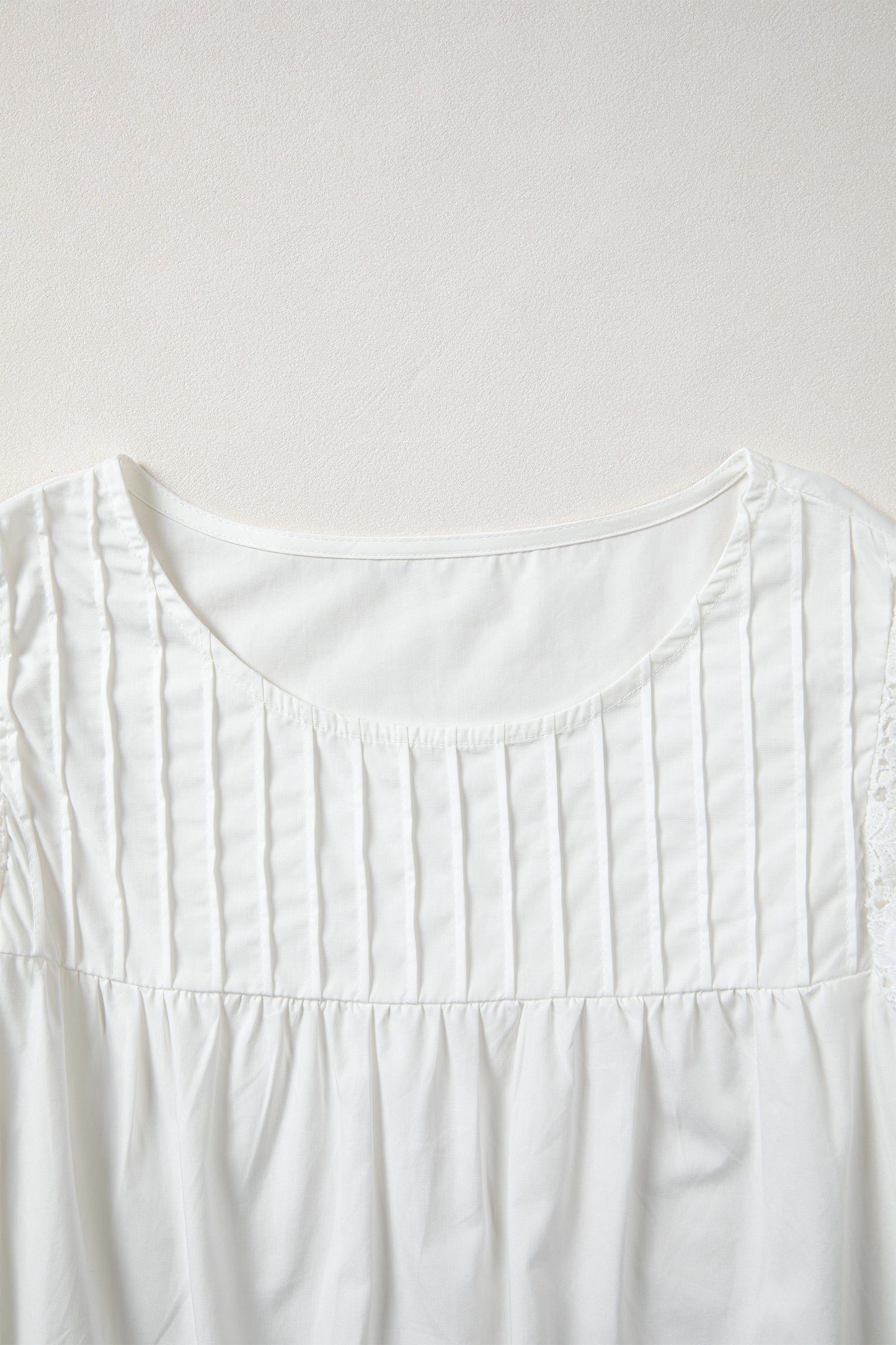 White Lace Detail Flutter Sleeve Pleated Round Neck Blouse